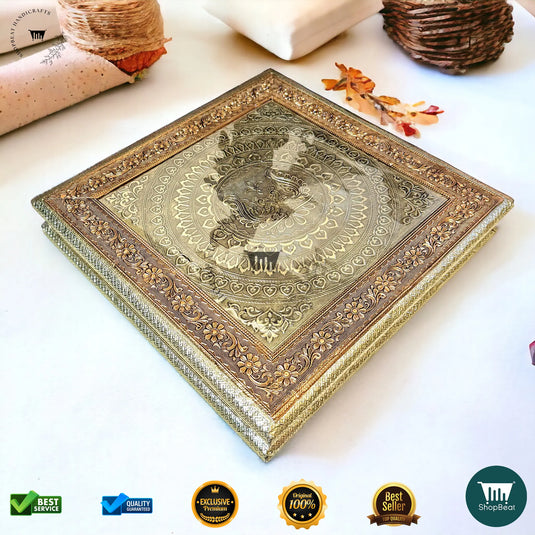 Golden-Copper Oxidised Dry Fruit Box – Peacock Design (15x15 Inch)