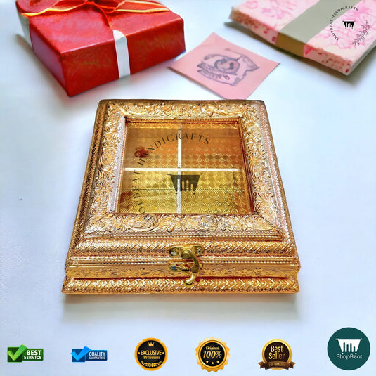 Golden Oxidised Dry Fruit Box – Acrylic Window Design (8x8 Inch)