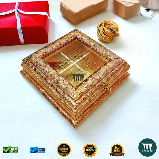 Golden Oxidised Dry Fruit Box – Acrylic Window Design (8x8 Inch)