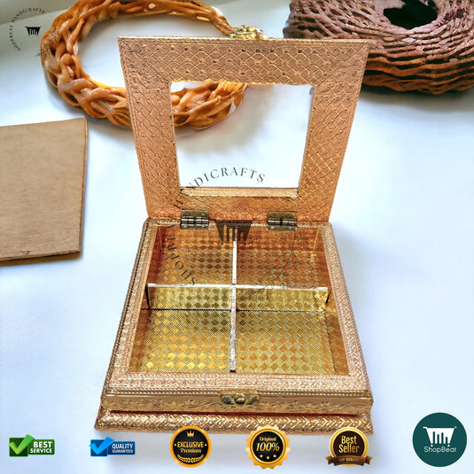 Golden Oxidised Dry Fruit Box – Acrylic Window Design (8x8 Inch)