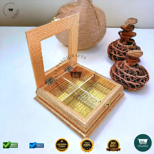 Golden Oxidised Dry Fruit Box – Acrylic Window Design (8x8 Inch)
