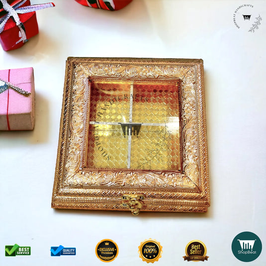 Golden Oxidised Dry Fruit Box – Acrylic Window Design (8x8 Inch)