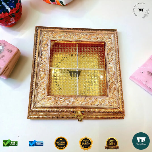 Golden Oxidised Dry Fruit Box – Acrylic Window Design (10x10 Inch)