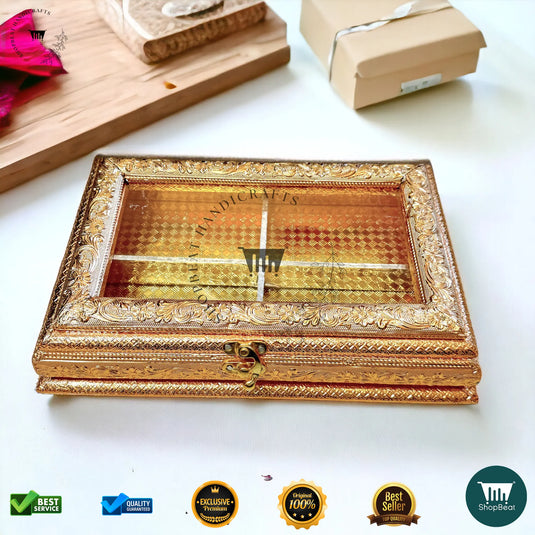 Golden Oxidised Dry Fruit Box – Acrylic Window Design (12x8 Inch)