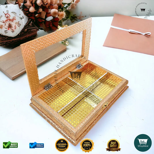 Golden Oxidised Dry Fruit Box – Acrylic Window Design (12x8 Inch)