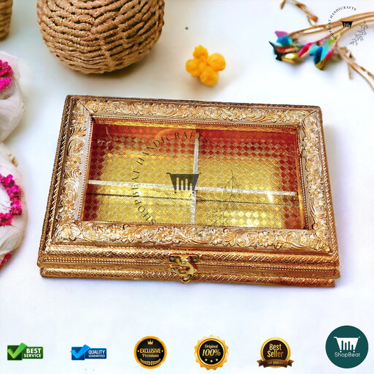 Golden Oxidised Dry Fruit Box – Acrylic Window Design (12x8 Inch)