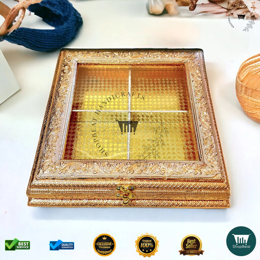 Golden Oxidised Dry Fruit Box – Acrylic Window Design (12x12 Inch)