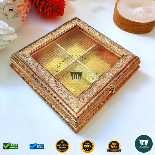 Golden Oxidised Dry Fruit Box – Acrylic Window Design (12x12 Inch)