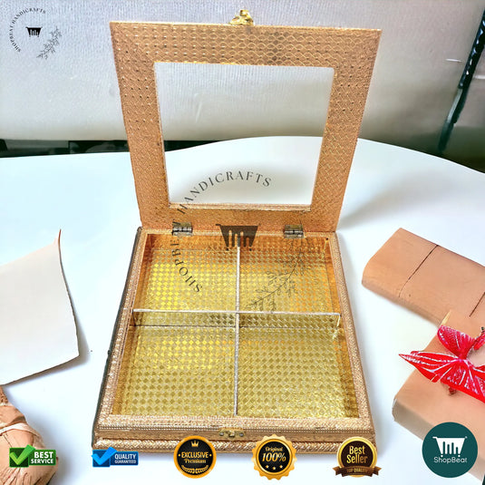 Golden Oxidised Dry Fruit Box – Acrylic Window Design (12x12 Inch)