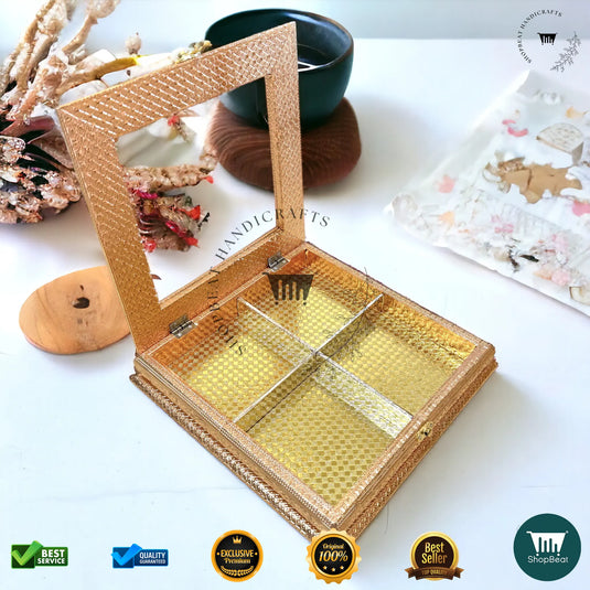 Golden Oxidised Dry Fruit Box – Acrylic Window Design (12x12 Inch)
