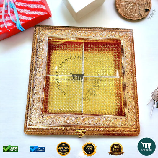 Golden Oxidised Dry Fruit Box – Acrylic Window Design (12x12 Inch)