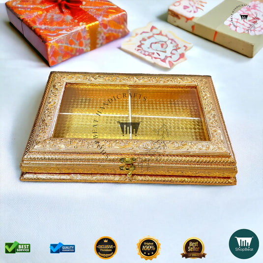 Golden Oxidised Dry Fruit Box – Acrylic Window Design (15x10 Inch)