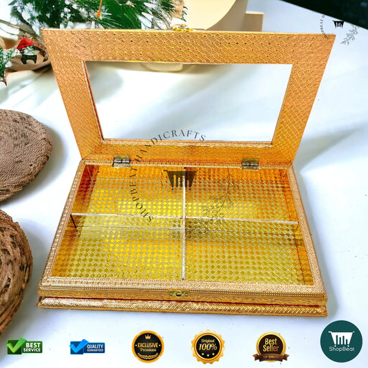 Golden Oxidised Dry Fruit Box – Acrylic Window Design (15x10 Inch)