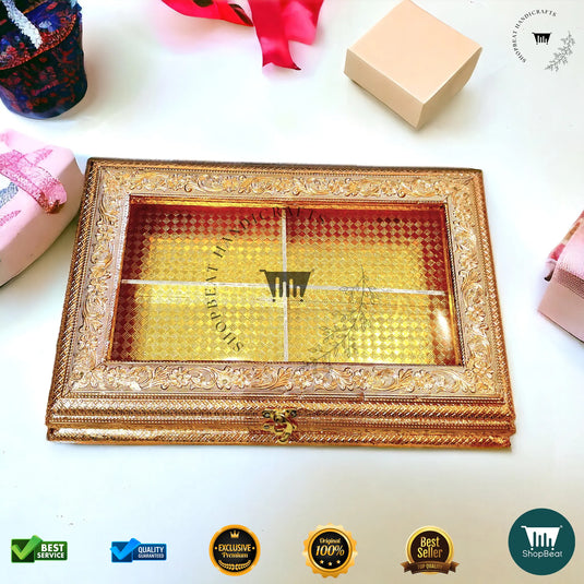 Golden Oxidised Dry Fruit Box – Acrylic Window Design (15x10 Inch)