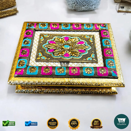 Golden Oxidised Dry Fruit Box – Meenakari Design (9x7 Inch)