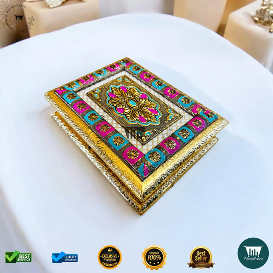 Golden Oxidised Dry Fruit Box – Meenakari Design (9x7 Inch)