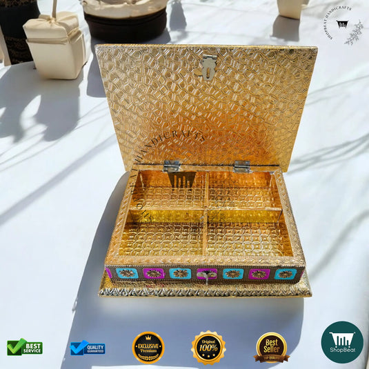 Golden Oxidised Dry Fruit Box – Meenakari Design (9x7 Inch)