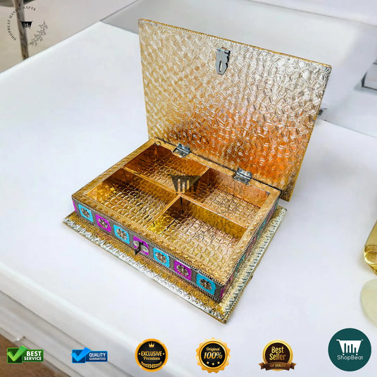 Golden Oxidised Dry Fruit Box – Meenakari Design (9x7 Inch)