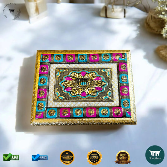 Golden Oxidised Dry Fruit Box – Meenakari Design (9x7 Inch)