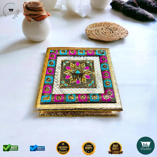Golden Oxidised Dry Fruit Box – Meenakari Artwork (8x8 Inch)