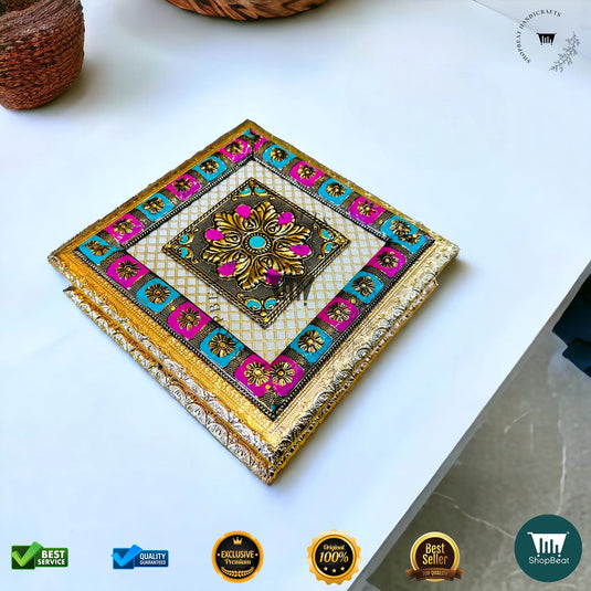 Golden Oxidised Dry Fruit Box – Meenakari Artwork (8x8 Inch)