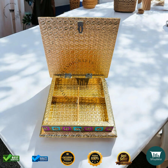 Golden Oxidised Dry Fruit Box – Meenakari Artwork (8x8 Inch)