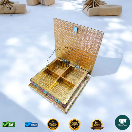 Golden Oxidised Dry Fruit Box – Meenakari Artwork (8x8 Inch)