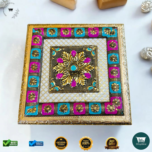 Golden Oxidised Dry Fruit Box – Meenakari Artwork (8x8 Inch)