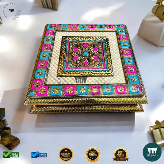 Golden Oxidised Dry Fruit Box – Meenakari Craft Design (10x10 Inch)