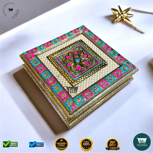 Golden Oxidised Dry Fruit Box – Meenakari Craft Design (10x10 Inch)