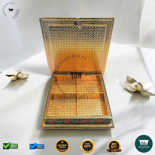 Golden Oxidised Dry Fruit Box – Meenakari Craft Design (10x10 Inch)