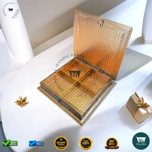 Golden Oxidised Dry Fruit Box – Meenakari Craft Design (10x10 Inch)