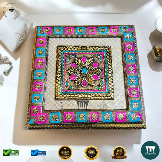 Golden Oxidised Dry Fruit Box – Meenakari Craft Design (10x10 Inch)