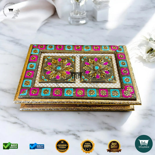 Golden Oxidised Dry Fruit Box – Meenakari Design (12x8 Inch)