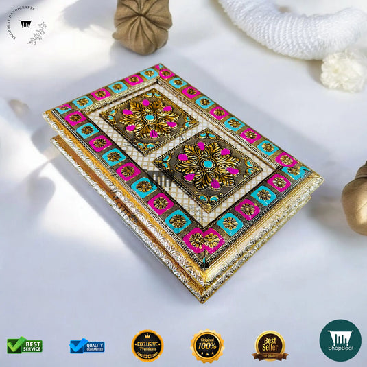Golden Oxidised Dry Fruit Box – Meenakari Design (12x8 Inch)