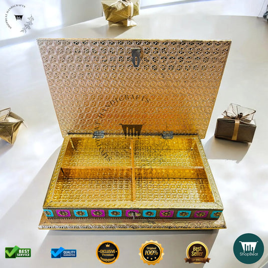Golden Oxidised Dry Fruit Box – Meenakari Design (12x8 Inch)