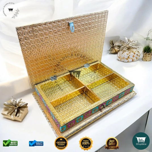 Golden Oxidised Dry Fruit Box – Meenakari Design (12x8 Inch)