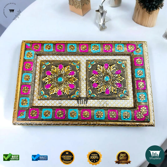 Golden Oxidised Dry Fruit Box – Meenakari Design (12x8 Inch)