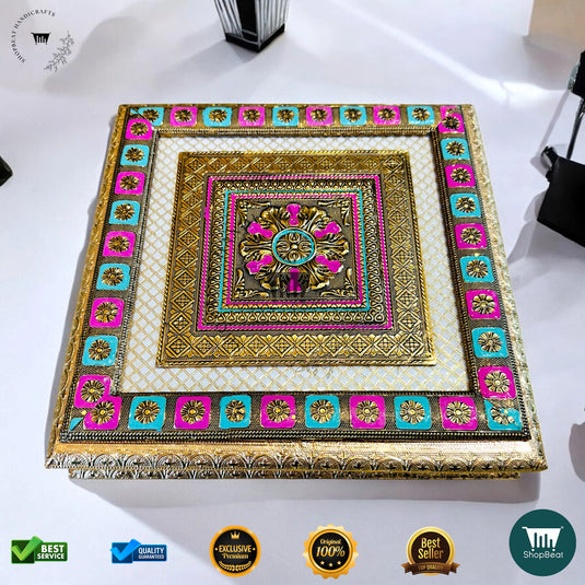 Golden Oxidised Dry Fruit Box – Meenakari Artwork (12x12 Inch)