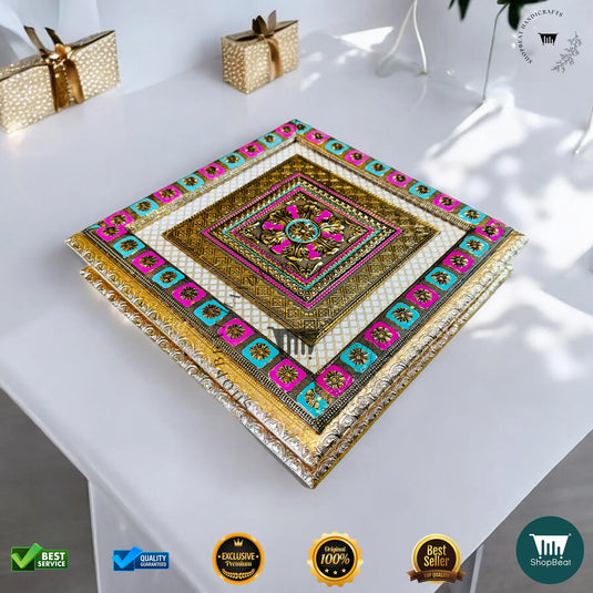 Golden Oxidised Dry Fruit Box – Meenakari Artwork (12x12 Inch)