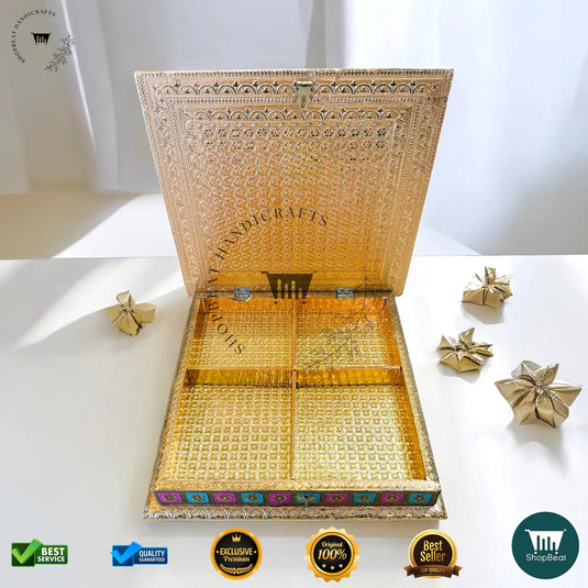 Golden Oxidised Dry Fruit Box – Meenakari Artwork (12x12 Inch)