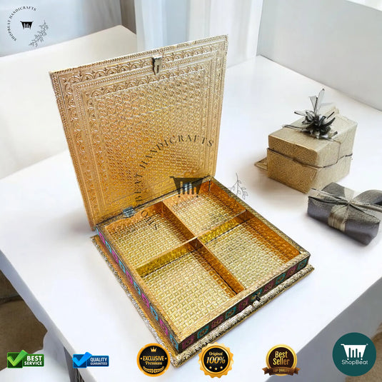 Golden Oxidised Dry Fruit Box – Meenakari Artwork (12x12 Inch)