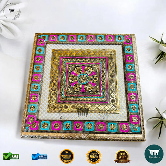 Golden Oxidised Dry Fruit Box – Meenakari Artwork (12x12 Inch)