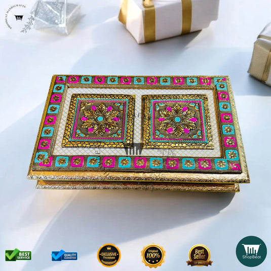 Golden Oxidised Dry Fruit Box – Handcrafted Meenakari Design (15x10 Inch)