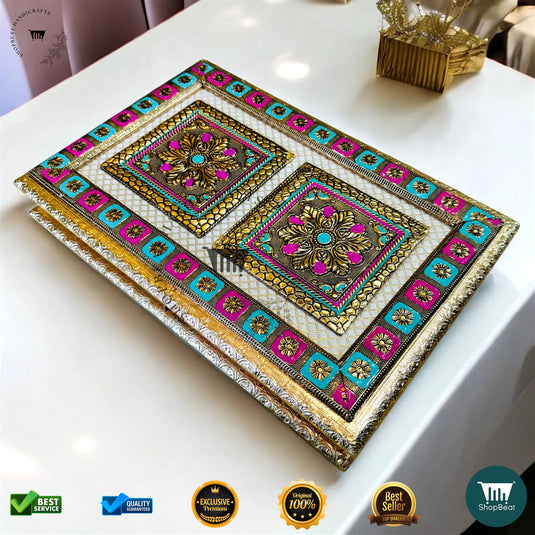 Golden Oxidised Dry Fruit Box – Handcrafted Meenakari Design (15x10 Inch)