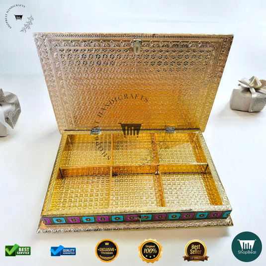 Golden Oxidised Dry Fruit Box – Handcrafted Meenakari Design (15x10 Inch)