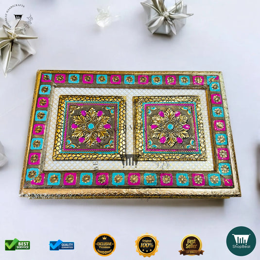 Golden Oxidised Dry Fruit Box – Handcrafted Meenakari Design (15x10 Inch)