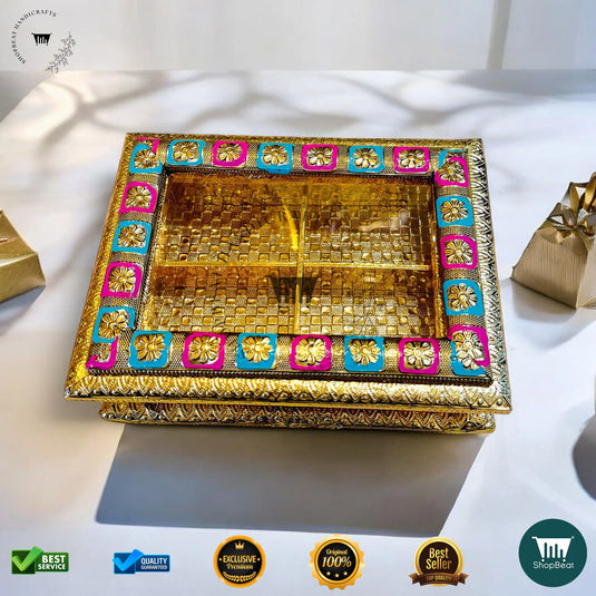 Golden Oxidised Dry Fruit Box – Meenakari Window Design (9x7 Inch)