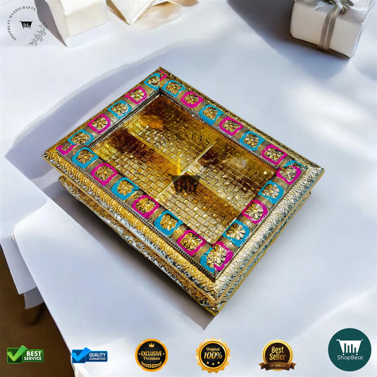 Golden Oxidised Dry Fruit Box – Meenakari Window Design (9x7 Inch)
