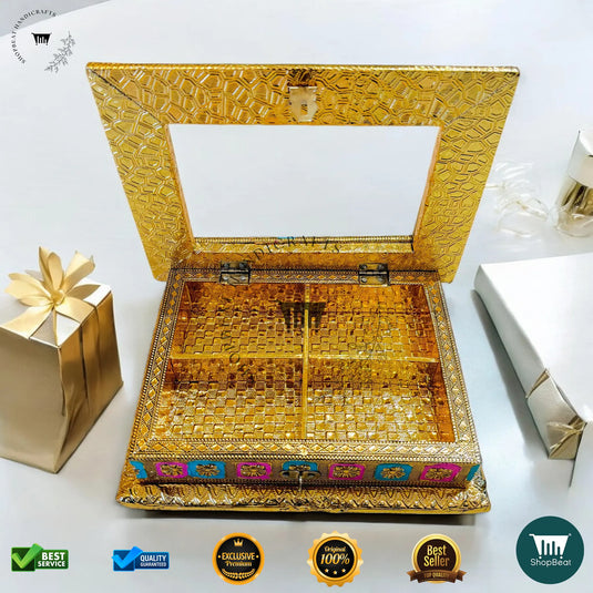 Golden Oxidised Dry Fruit Box – Meenakari Window Design (9x7 Inch)